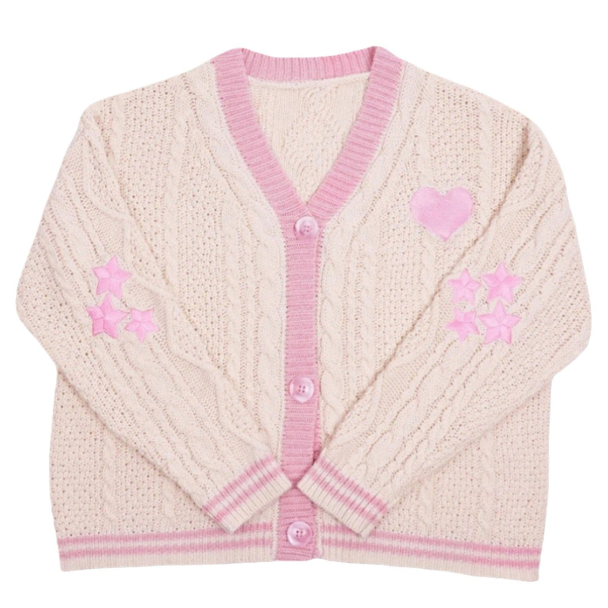 Damen nan gestrickte Cardigan mit Zopfmuster V-Ausschnitt und Herz- und Sternapplikationen
