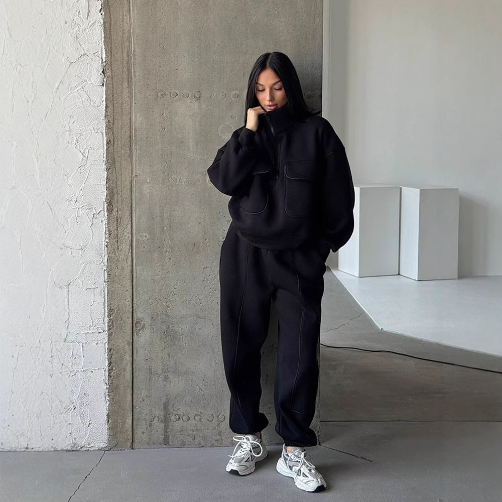 Damen nan Oversize Halbzip-Sweatshirt mit aufgesetzten Klappentaschen und Kontrastpaspeln