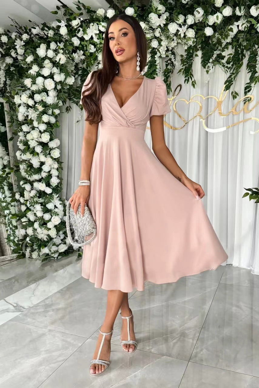 Damen A-Linie Kleid mit Puffärmeln und schmalem V-Ausschnitt Selmira