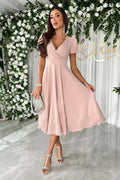 Damen A-Linie Kleid mit Puffärmeln und schmalem V-Ausschnitt Selmira