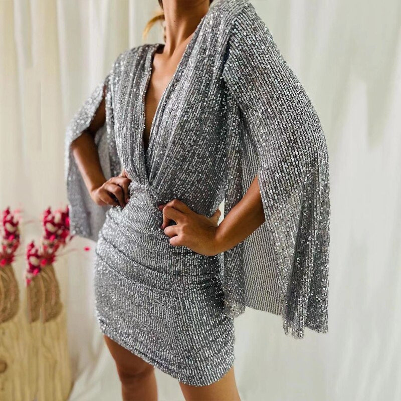 Damen Glitzerndes Cocktailkleid mit tiefem V-Ausschnitt und eleganten Trompetenärmeln Selmira