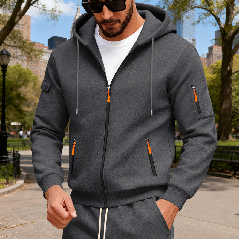 Herren nan Kapuzen-Sweatjacke mit durchgehendem Reißverschluss, mehreren Reißverschlusstaschen und Ärmel-Pocket