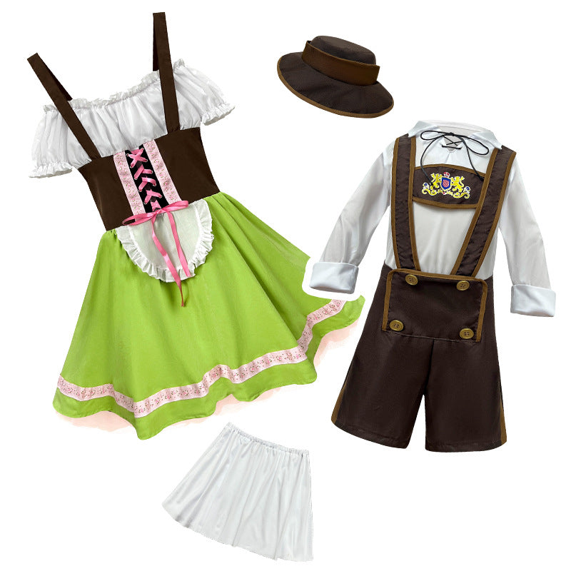 Damen nan verspieltes Trachtenkleid mit Carmen-Ausschnitt, Korsagen-Optik, Trägern und rüschiger Schürze