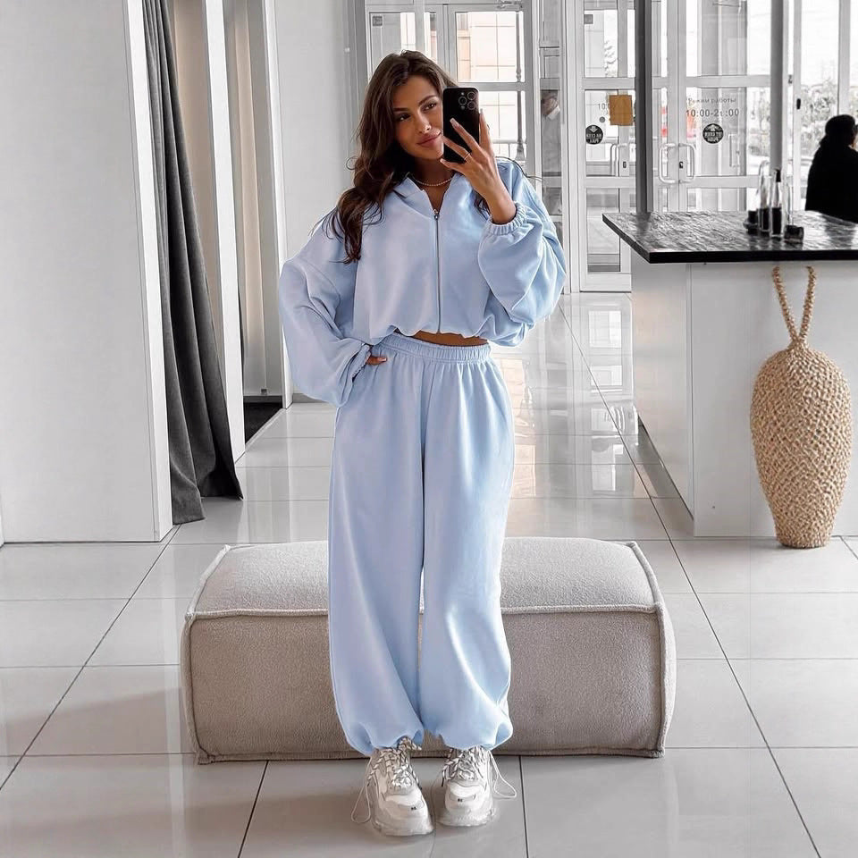 Damen nan oversized Kapuzenjacke mit durchgehendem Reißverschluss und Highwaist Gummibund-Jogginghose Set