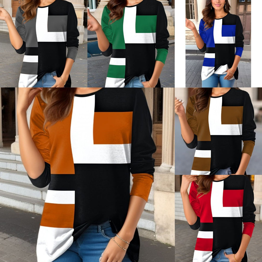 Damen nan geometrisches Colorblock Longsleeve-Tunika-Oberteil mit Rundhalsausschnitt und asymmetrischem Saum