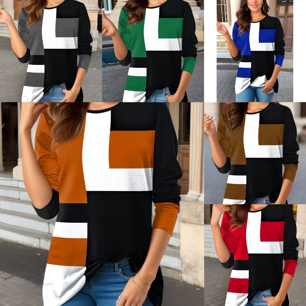 Damen nan geometrisches Colorblock Longsleeve-Tunika-Oberteil mit Rundhalsausschnitt und asymmetrischem Saum