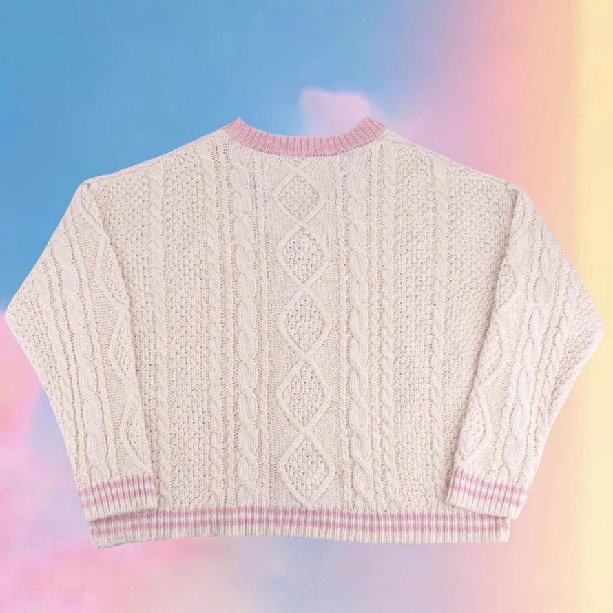 Damen nan gestrickte Cardigan mit Zopfmuster V-Ausschnitt und Herz- und Sternapplikationen