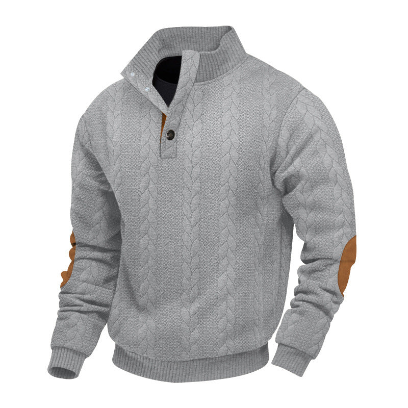 Herren nan Zopfmuster-Pullover mit Stehkragen, halber Knopfleiste und Ellbogenpatches