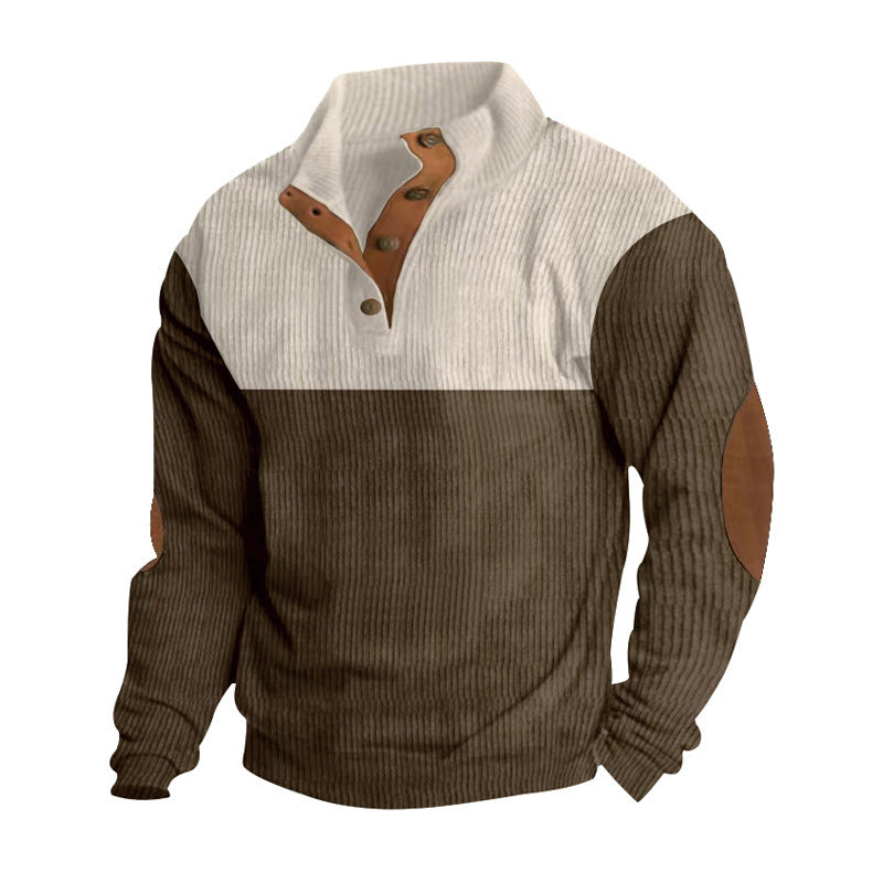 Herren nan gerippter Pullover mit Stehkragen, Knopfleiste und Ellbogen-Patches