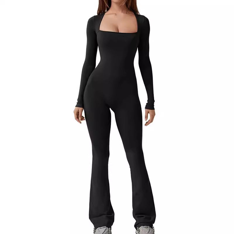Damen nan figurbetonter Langarm-Jumpsuit mit quadratischem Ausschnitt und ausgestellter Schlaghose
