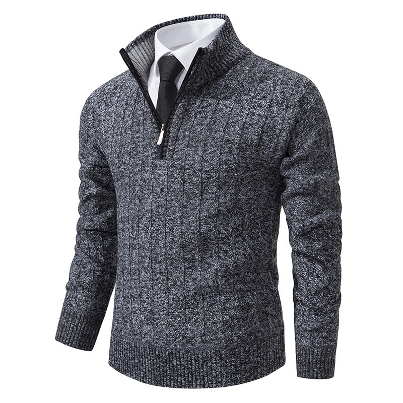 Herren nan Halbzip-Strickpullover mit strukturierter Zopfoptik, wärmendem Stehkragen und schmaler Silhouette
