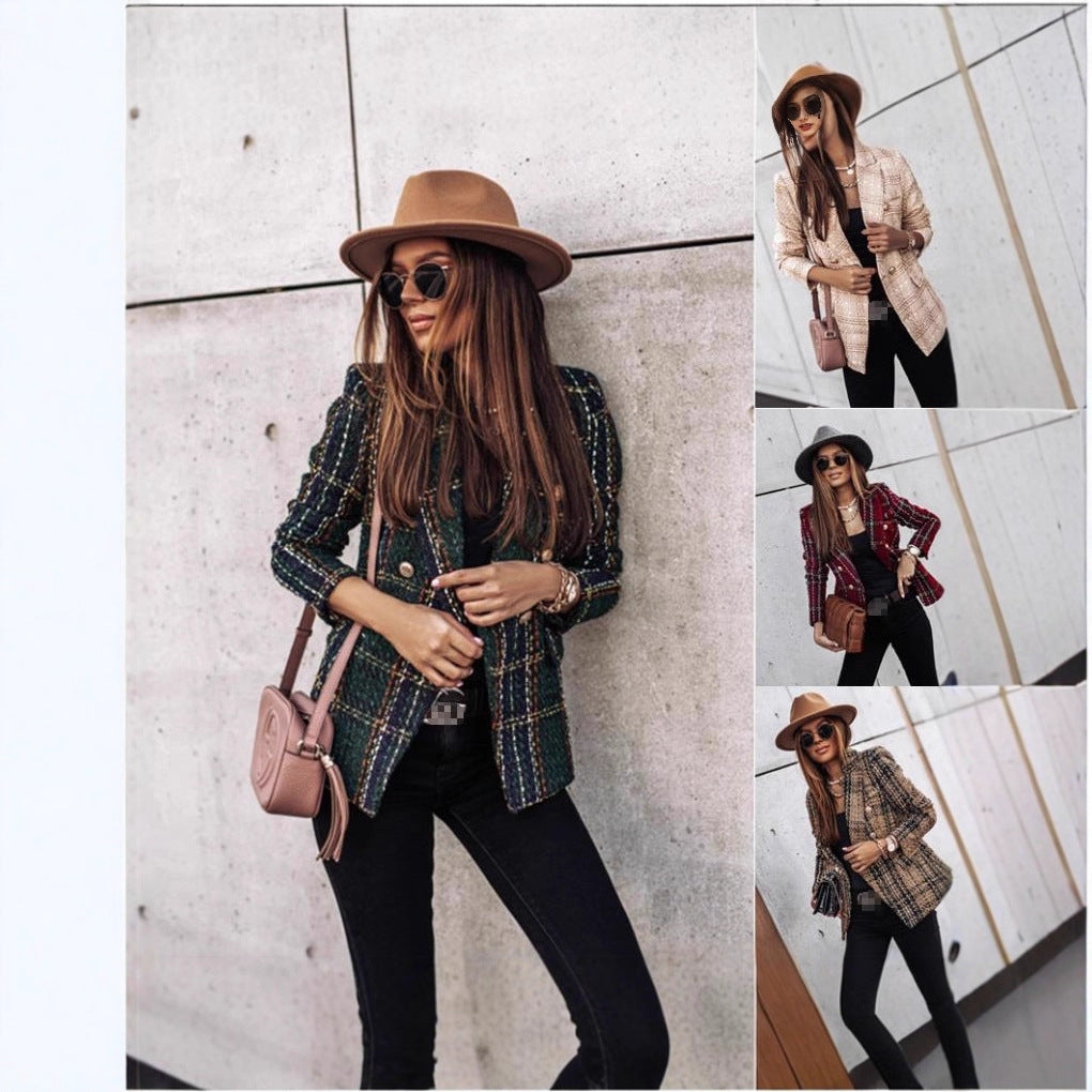 Damen nan eleganter Tweed-Blazer mit Doppelknopf, strukturierter Wung und aufgesetzten Taschen