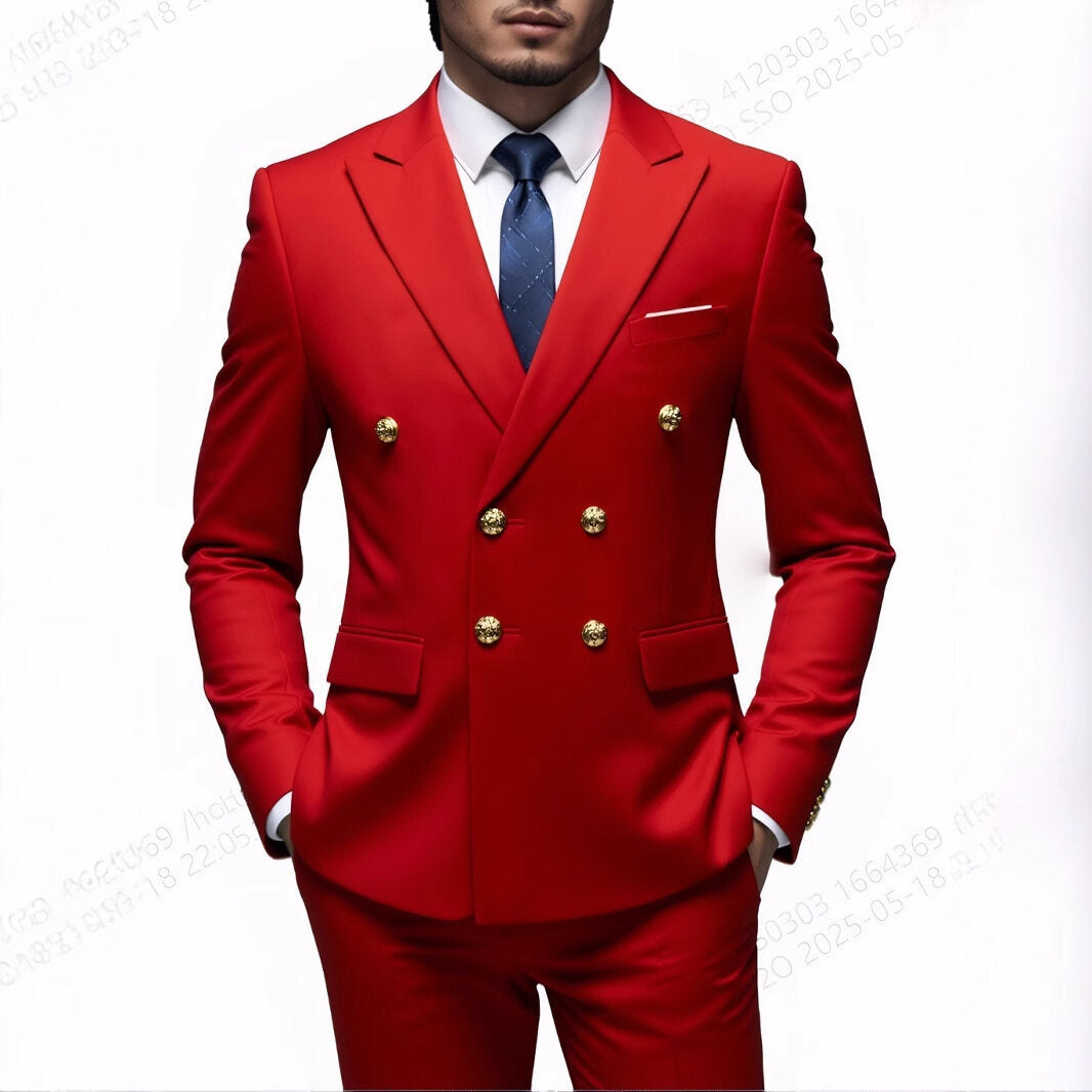 Herren nan doppelreihiger Slim-Fit Anzug mit goldenen Zierknöpfen und schmaler Businesshose