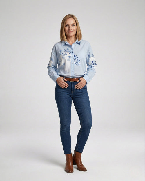 Baumwoll Leinen Bluse Floral Damen