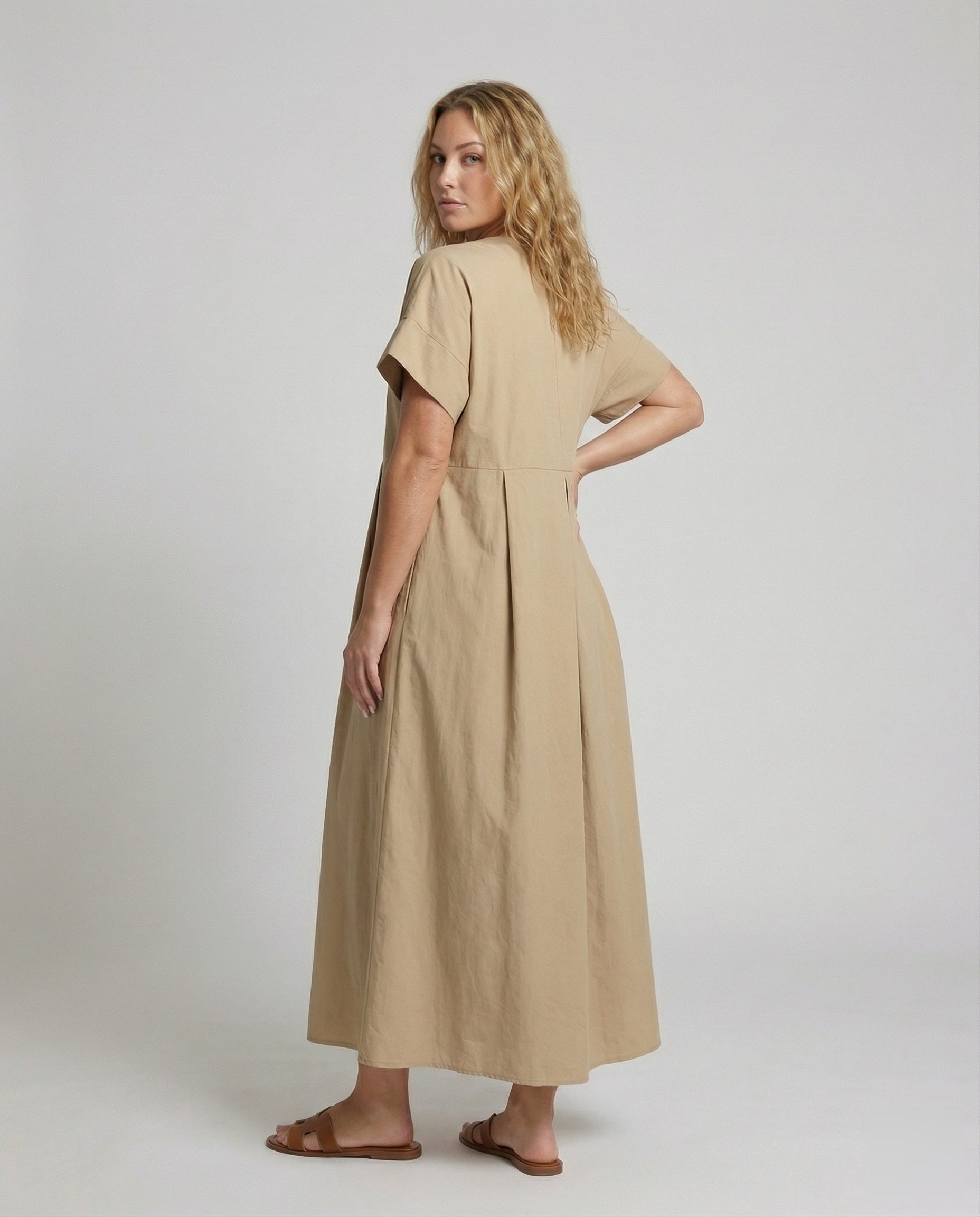 Damen A-Linien-Maxikleid Leinenmix Kellerfalten