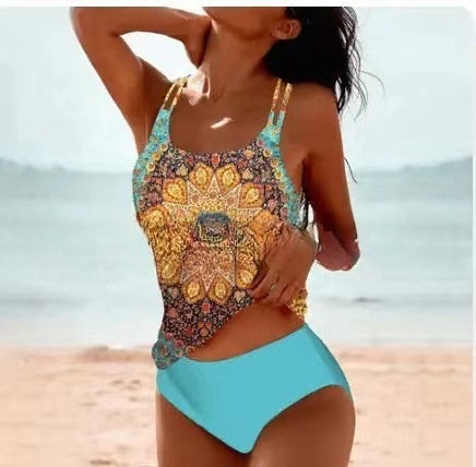 Selmira | Retro Hochgeschnittenes Bikini mit Stranddruck